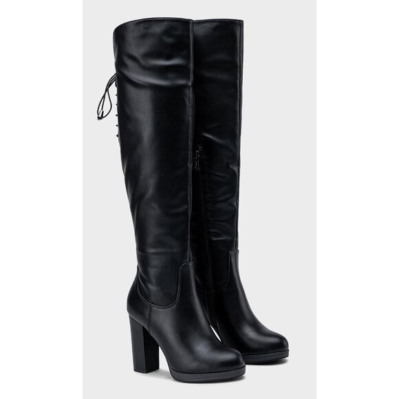 Women's Blackpu-imitation Suede Thigh High Over The Knee Rounded Toe Tall Boot - Picture 6 of 7